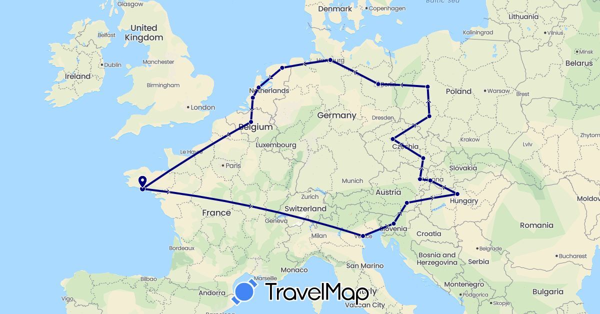 TravelMap itinerary: driving in Austria, Belgium, Czech Republic, Germany, France, Hungary, Italy, Netherlands, Poland, Slovenia, Slovakia (Europe)